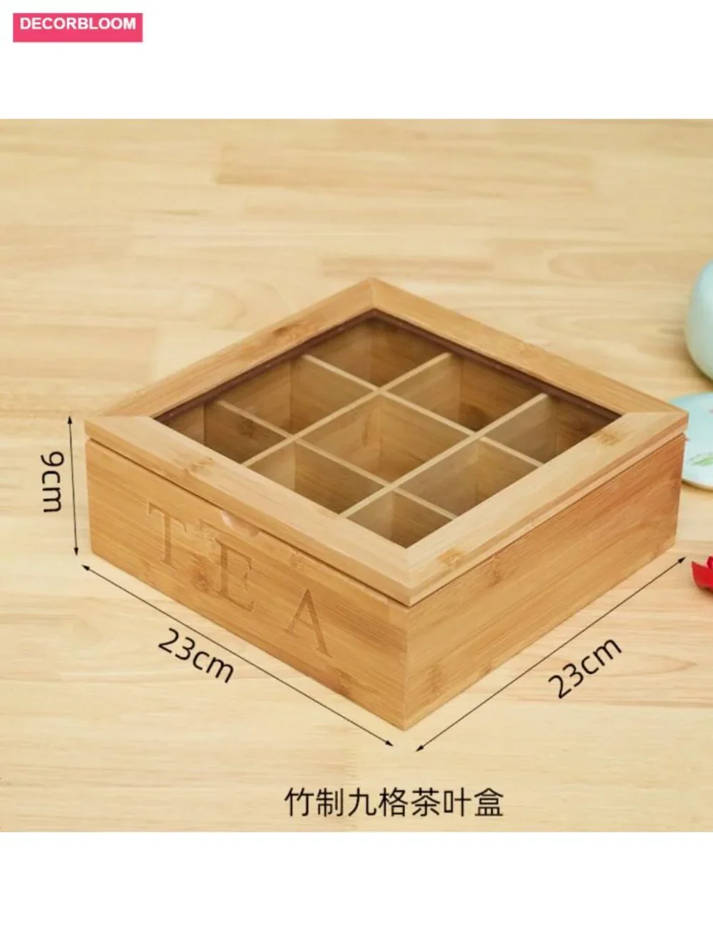 Bamboo Tea Box Organizer with 9 Compartments and Glass Lid for Home Office